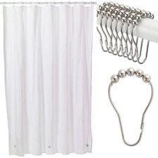 Shower Curtain Liner W/ 12 Rings Glide Hooks Vinyl Magnet White 70x72