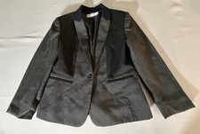 Tahari Blazer Petite 10P Gray Black One-Button Lined Elbow Patch 
