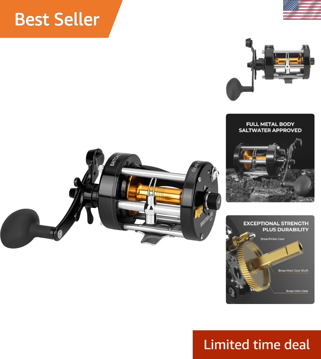 Durable Rover Round Baitcasting Reel &ndash; 30lb Drag, Anti-Sli