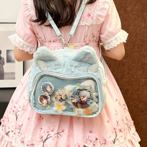 Catface plushie ita bag and backpack, crossbody ita bag, enamel pin ita bag