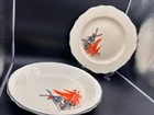PYREX Crown Ovenware Pie Dish & Serving Plate Sailboats Vintage Ceramic