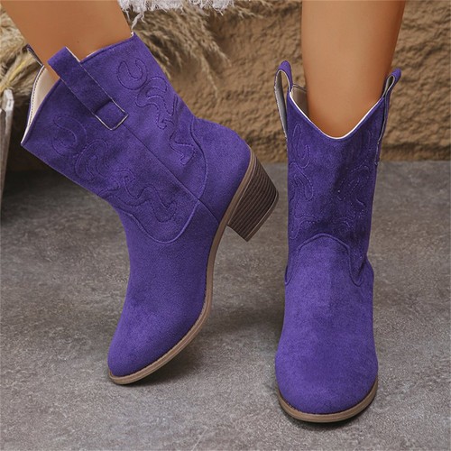 Women's Western Riding Boots Embroidered Round Toe Chunky Heels Mid Calf Shoes - Picture 5 of 11