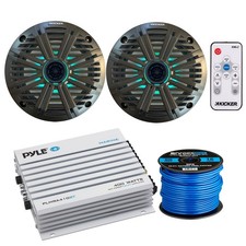 2x Kicker 6.5" 195W Peak LED Speakers w/ Remote, 4-Ch Marine Amplifier, Wire