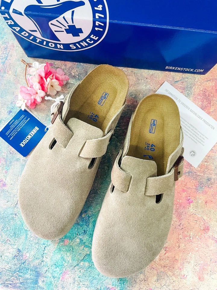 Birkenstock Taupe Boston Soft Footbed Suede Leather Women's Clog Shoes EU 37-45 - Image 4 of 4