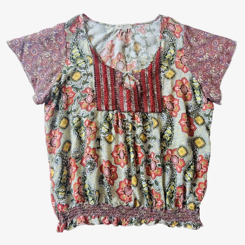 One World Floral Sequin Blouse Smocked Y2K Boho Chic Whimsigoth Top L