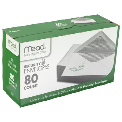 Mead #6 3/4 Security Envelopes, 3 5/8'' x 6 1/2'', White, 80 Count (75212)
