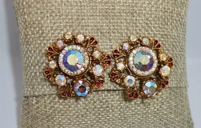 Vintage HAR Signed HARGO Aurora Borealis Floral Clip On Earrings Openwork E40 - Image 1 of 4