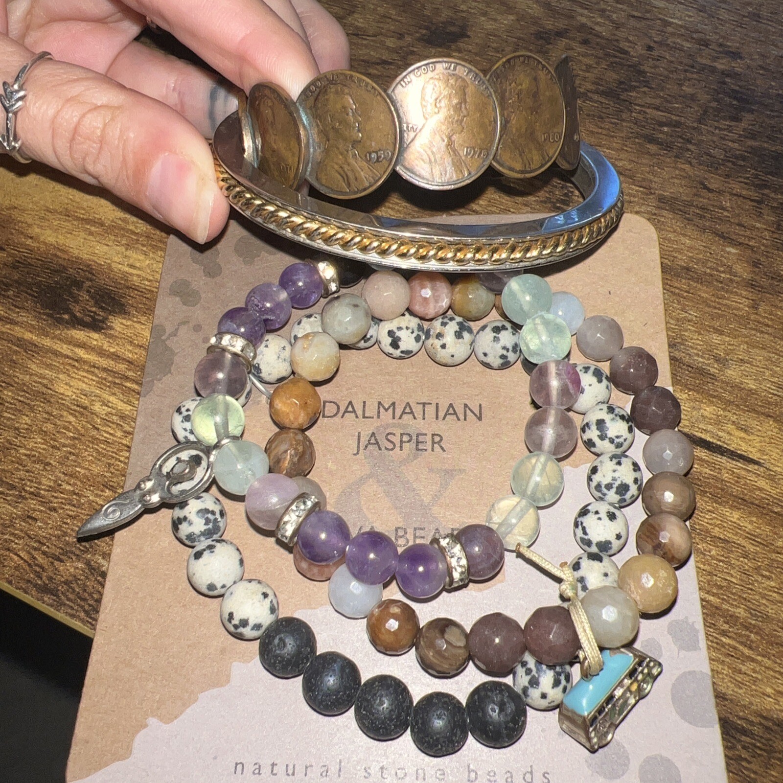 LOT new lava bead elastic crystal penny cuff gold boho bracelet-image