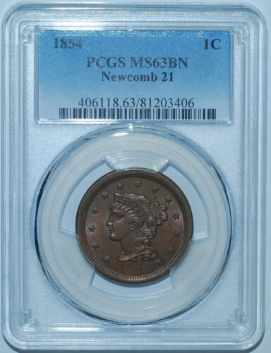 1854 PCGS MS63BN Brown N-21 RPD Repunched Date Braided Hair Large Cent