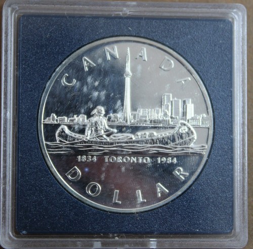 * 1984 SILVER CANADIAN DOLLAR TORONTO CENTENARY CANADA IN SQUARE CASE #WYB39