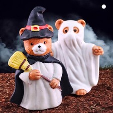 VTG Halloween Teddy Bear Figurine Ceramic Ghostly Greetings Witch Lot READ