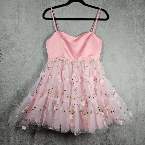 Shein Pink Satin 3D Flowers Embroidered Tulle Lined Dress Adj Straps Sz S NWT