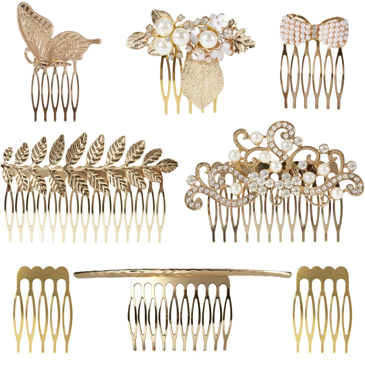 8 Pack Large Gold Crystal Pearl Rhinestone Metal Hair Side Combs