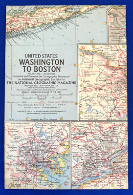 Vintage 1962 National Geographic United States Washington to Boston Map