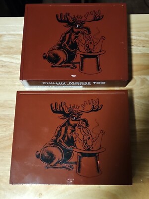 5 5/8 X 46 CHILLIN MOOSE TOO SLIDE TOP CIGAR BOX CRAFTS WOOD BOX Lot Of 2