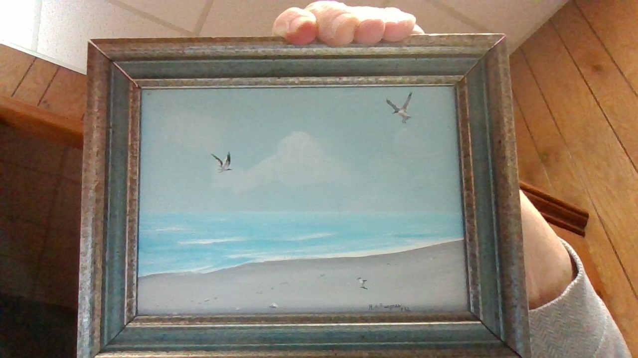 miniature oil painting framed vintage art/birds on shore with rolling