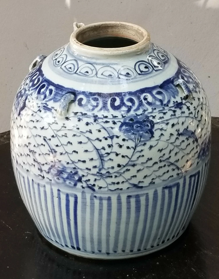 БОЛЬШОЙ СТАРИННЫЙ 19 c. QING синий и белый фарфор китайский винный горшок кувшин - Изображение 4 из 4