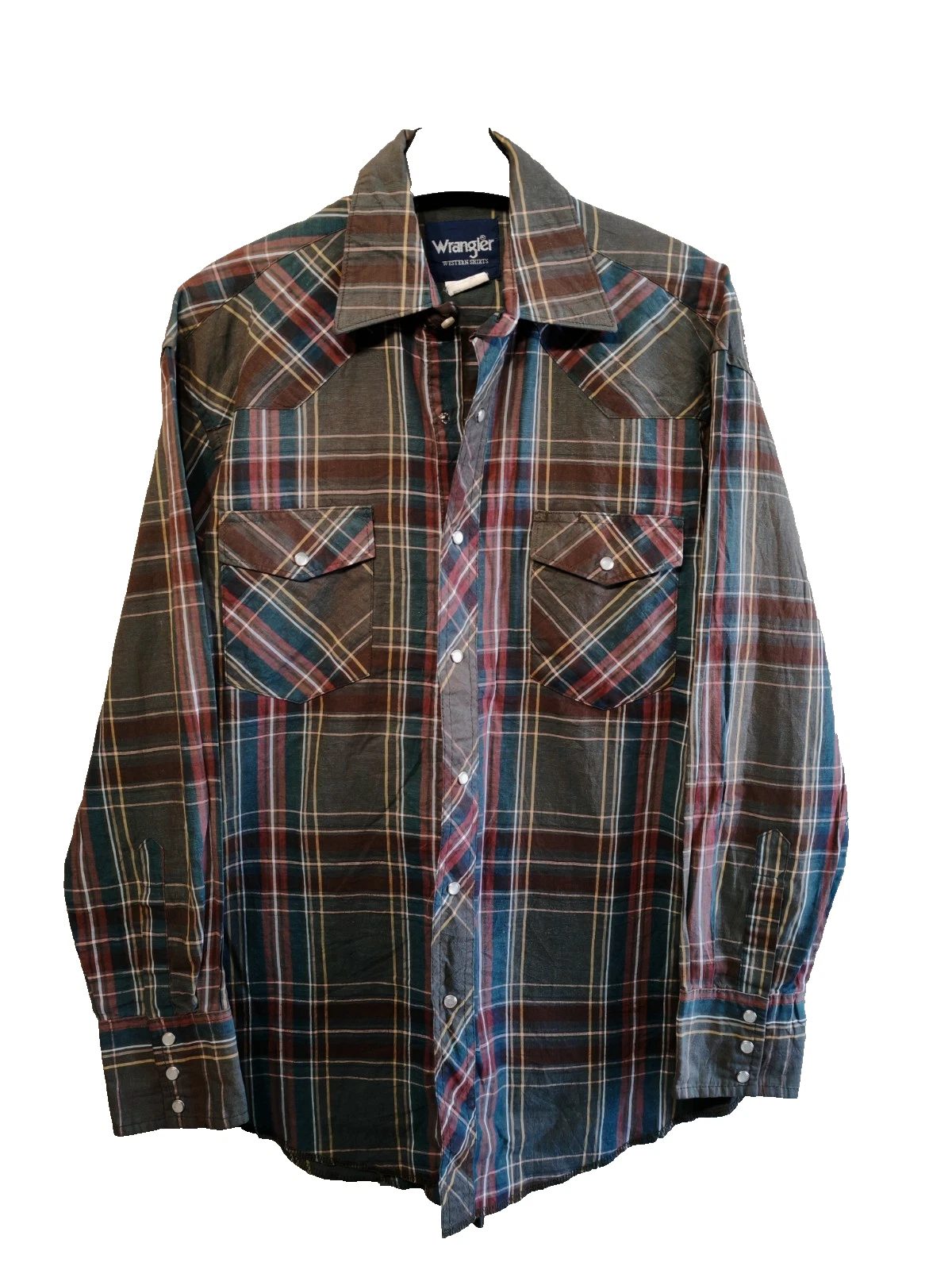 Wrangler Western Shirt Medium Dark Green Plaid Pearl Snap Cowboy Check Rancher