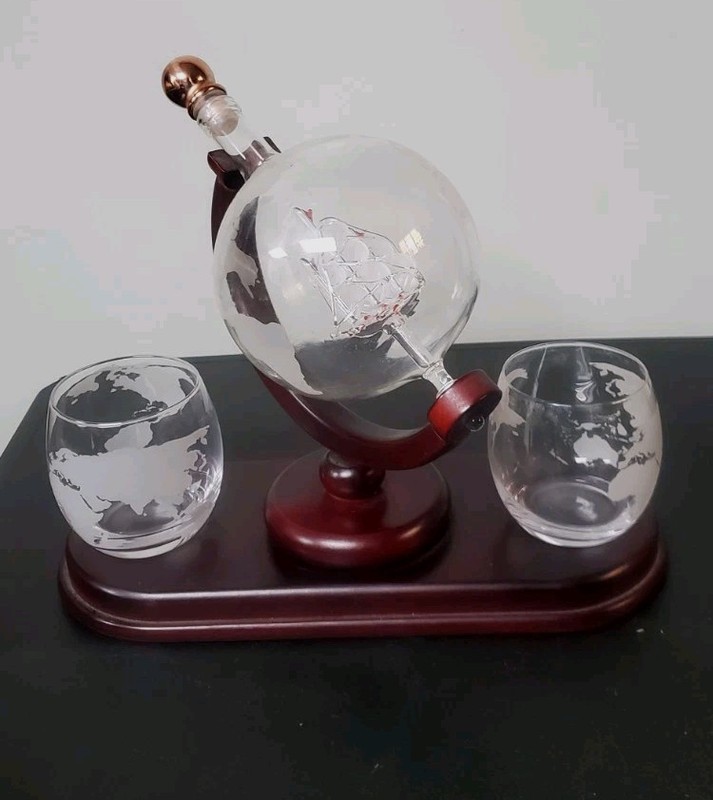 Globe Whiskey Decanter & Glasses Set With Blown Glass Ship In Bottle