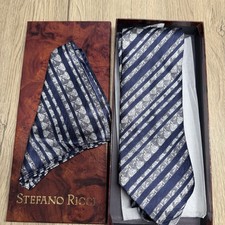STEFANO RICCI Blue/Grey Striped Silk Tie & Pocket Square Mens Wedding Italy