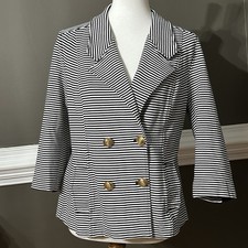 Cabi Classic Nautical Stripe Double Breasted Blazer L Black And White