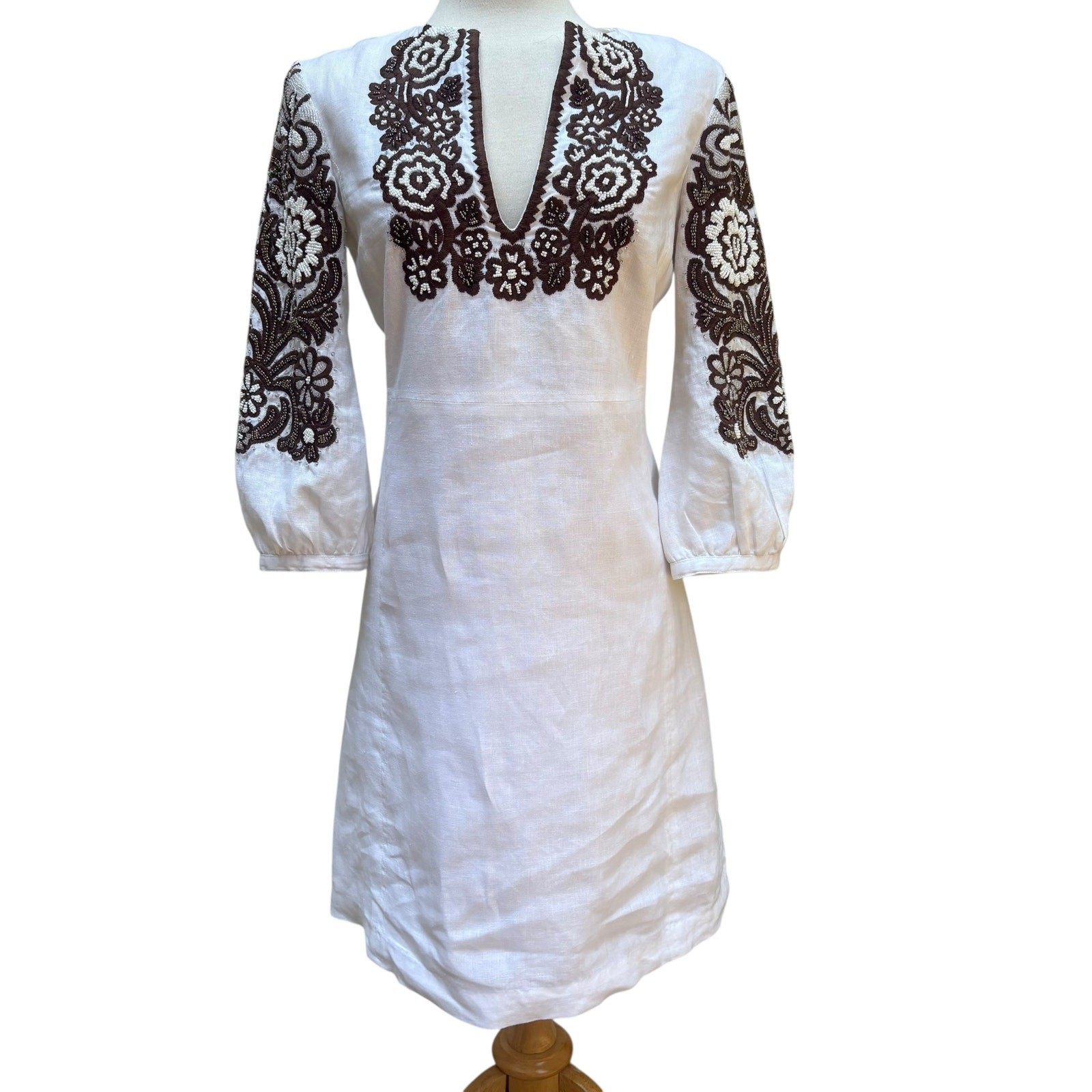 Tory Burch Beaded Mini Dress Tunic Sz 4 White Linen Brown Floral Embellished  thumbnail 3