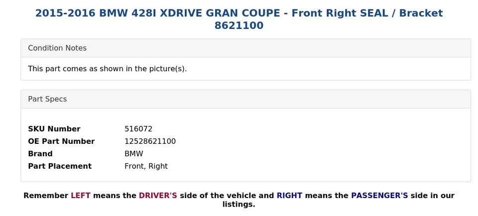 2015-2016 BMW 428I XDRIVE GRAN COUPE - Front Right SEAL / Bracket 8621100 - Image 3 of 4