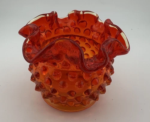 Vintage Fenton Amberina Red Hobnail Glass Vase Ruffled Rim