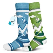 Merino Wool Ski Socks Kids 2 Pairs, Winter Warm Medium 2 Pairs-green/Blue