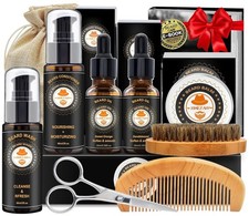 Beard Grooming Kit for Men Wash Oil Balm Brush Comb Gift for Dad Boyfriend