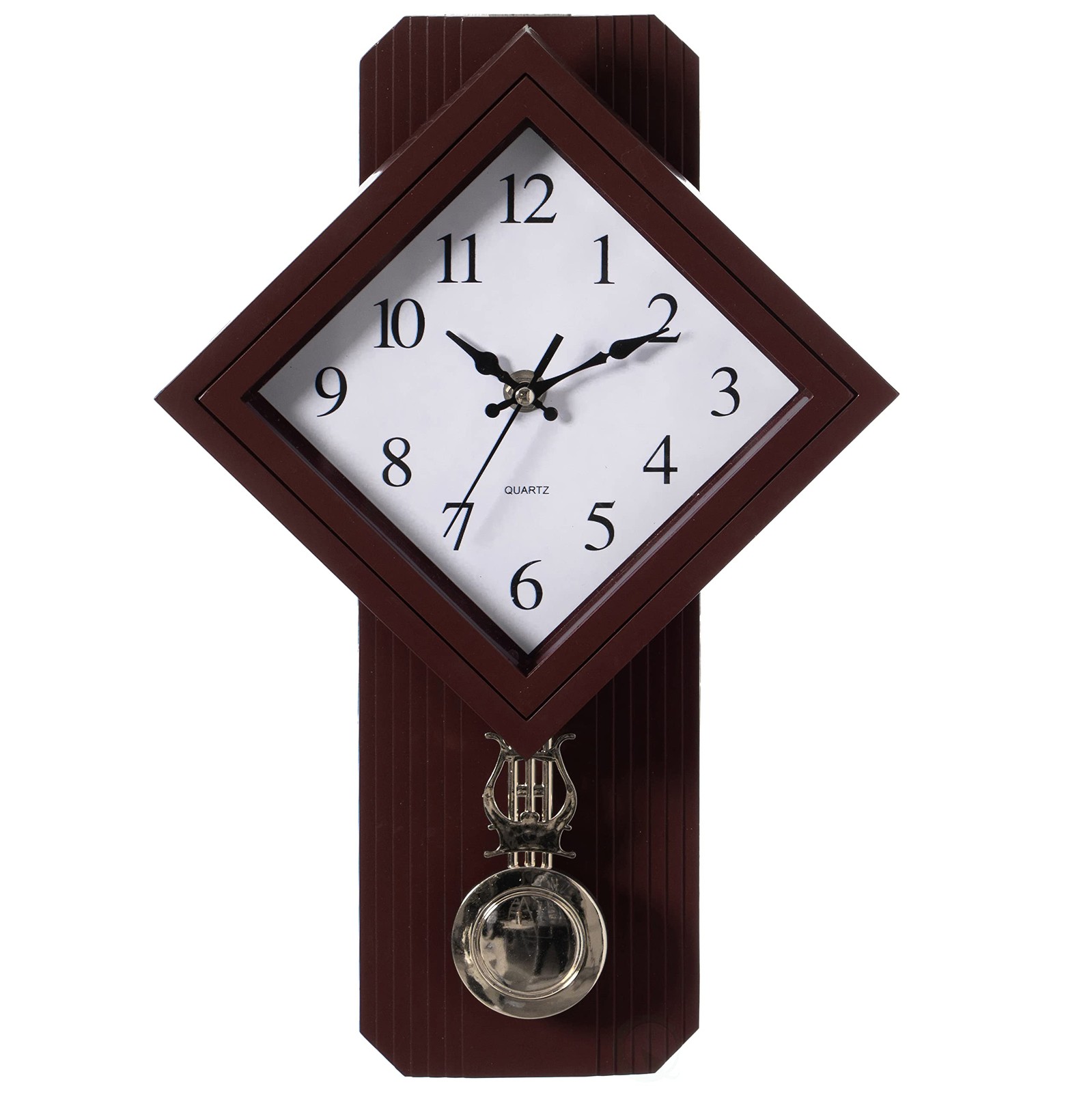 Clockswise Traditional Brown Square Wood- Looking Pendulum Plastic Wall Clock...