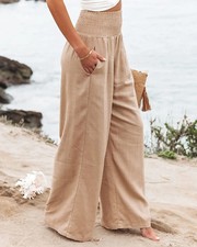 Women's casual pants with drawstring, mid waist, beach wide leg, spring and