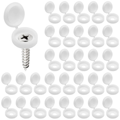 100Pcs White Plastic Hinged Screw Cover Caps with Washer Flip Tops, Premium Fold