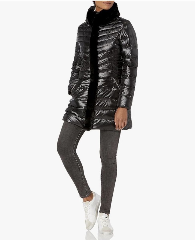 Karl Lagerfeld Paris Women's Tuxedo Down Coat with Faux Fur  Xs