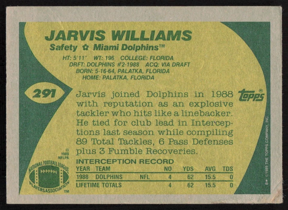1989 Topps Jarvis Williams #291 Rookie Miami Dolphins - Image 2 of 2