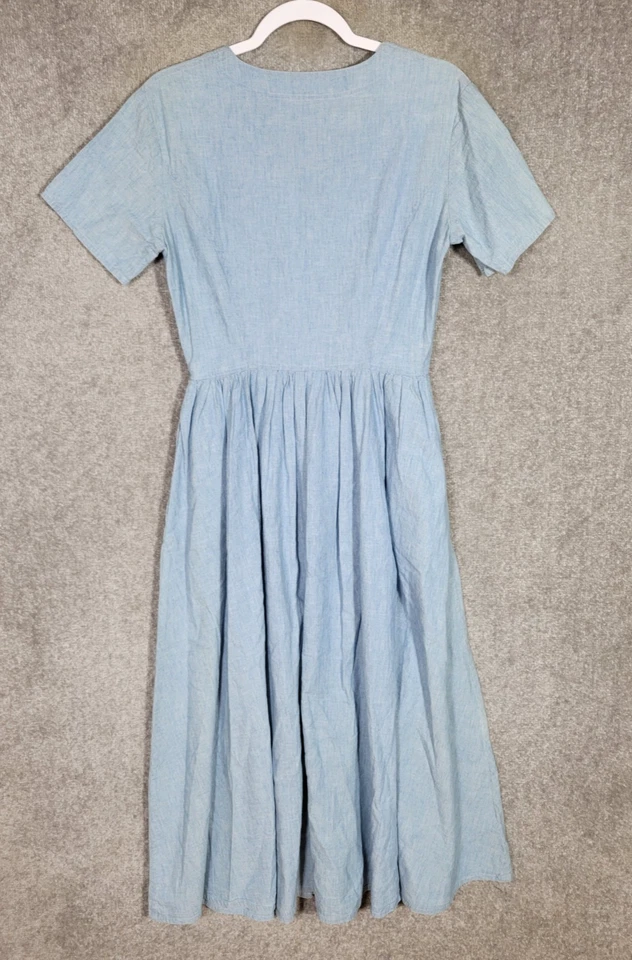 Vintage J Crew Denim Pleated Button Up Dress Womens Size 6 Blue Chambray Pockets - Image 2 of 4