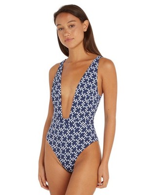 M - 12 Tommy Hilfiger Badeanzug Sexy Monogramm Low Plunge Schwimmanzug