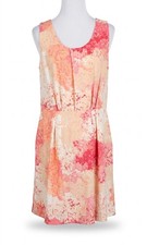 LOFT Abstract Watercolor Pleated Dress Pink Orange Cream Sleeveless NWT Size 8