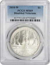 2010-W Disabled Veterans Silver Commemorative Dollar MS69 PCGS Mint State 69