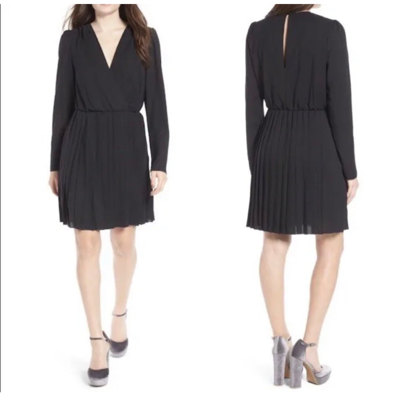 Leith Surplice V-Neck Long Sleeve Pleated Dress Size Small LBD