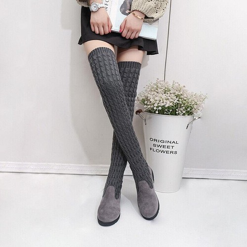 Women Round Toe Block High Heels Knit Warm Over The Knee Boots Skinny Chic Shoes - Picture 11 of 11