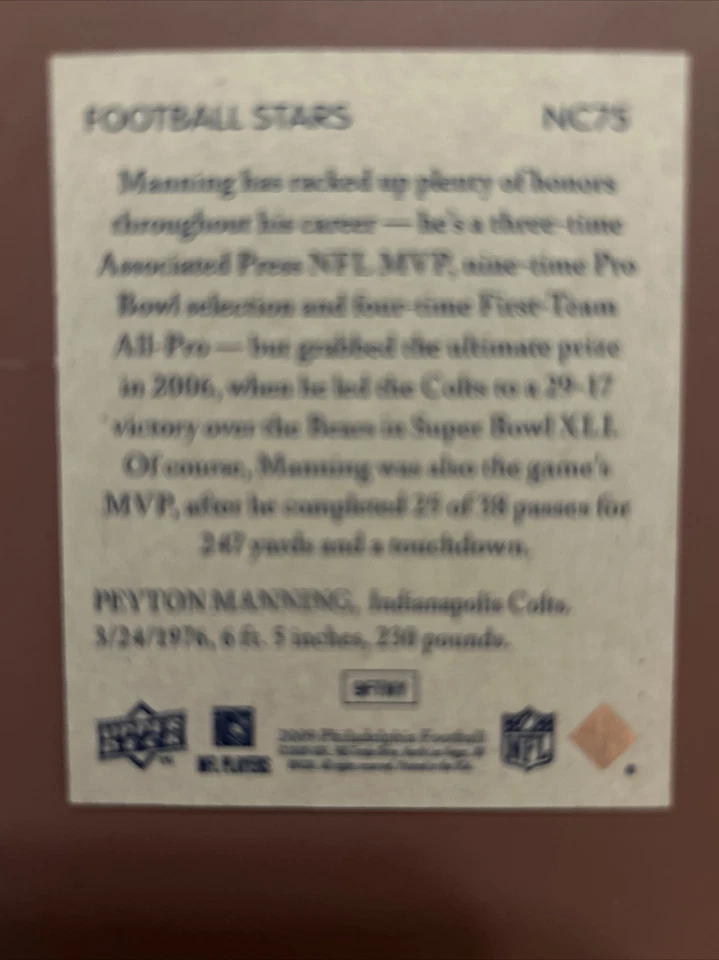 2009 U D FOOTBALL STARS CHICLES MINI MINI PEYTON MANNING QB INDIANAPOLIS CO#NC75 - Image 2 of 2