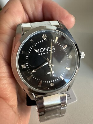 Jones New York Mens Silver Wrist Watch with Black Face Dial