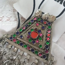 Reclaimed Vintage Asos Kuchi Pendant Necklace Choker Beads Gems Silver Tone *