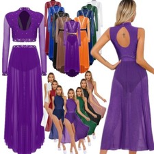 Women Lyrical Dance Long Sleeve Dress Costumes Sequin Mesh Flowy Folk Costume