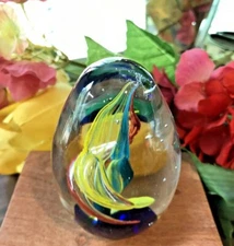 Egg-Shaped  Art Glass Paperweight Swirls Bubbles Cobalt Blue Base NICE!