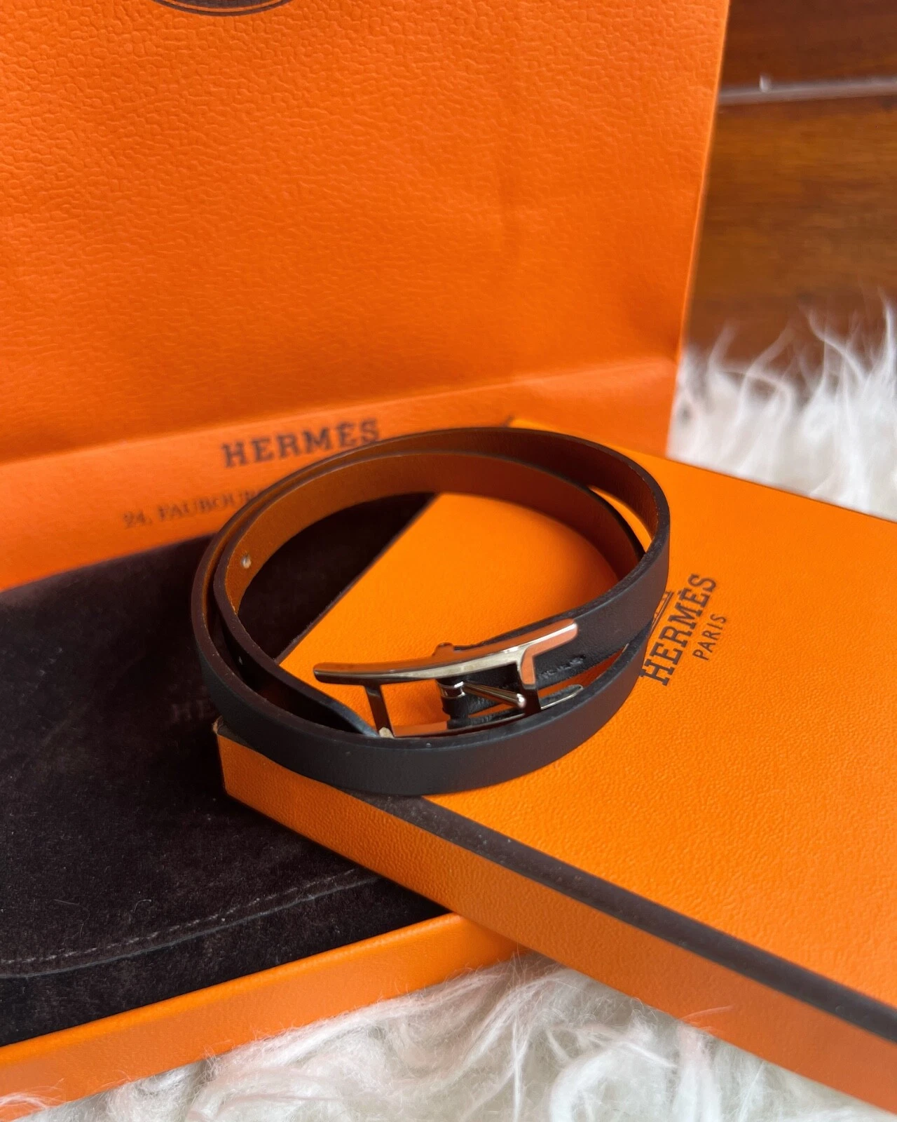 HERMÈS Bracciale HERMES Behapi doppio giro in pelle nero argento