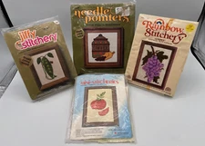 4 Vtg '70-'80s Needlepoint Kits! Tomato, Pea Pod, Grapes, Coffee Kitchen Designs