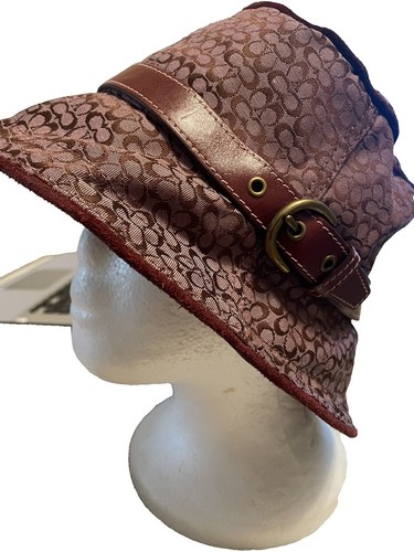Coach Suede Leather Bucket Hat Brown Strap Buckle Trim  display picture 3