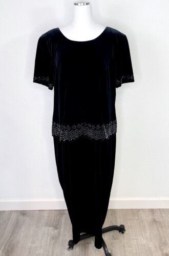 Vintage 90's R & M Richards Cocktail Gown Dress Black Velvet Beaded 16W EUC - Picture 1 of 11
